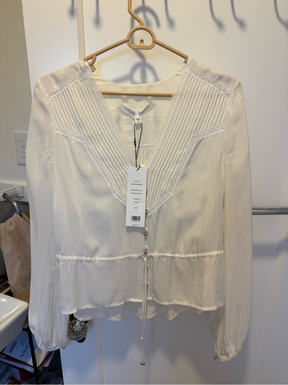 Veronica Beard Cream V-Neck Pintuck Peplum Blouse